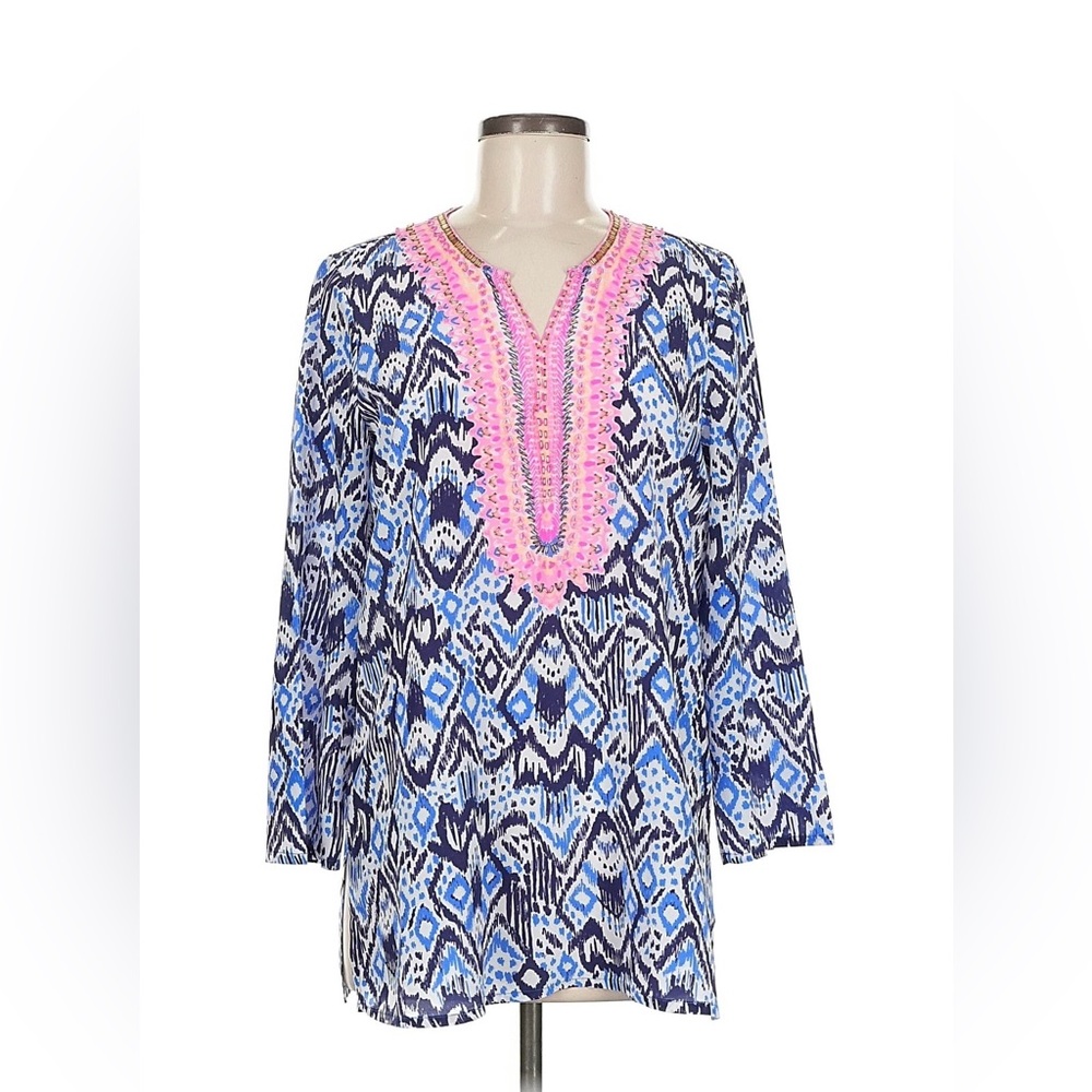 Lilly Pulitzer Blue and Pink 100% Silk Tunic Size Medium